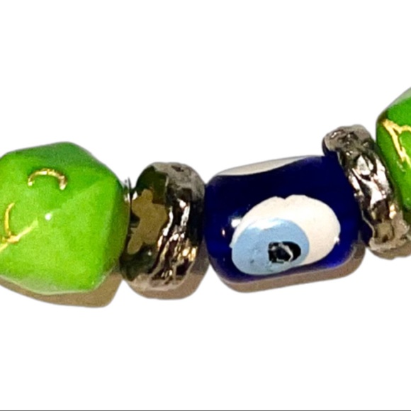 VTG Jasper, Silver Sea Glass Evil Eye Beaded Bracelet - Picture 3 of 13